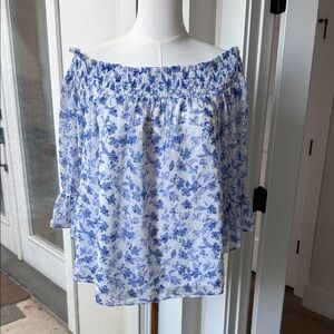 Skies Are Blue White Off-Shoulder Blouse with Blue Floral Print